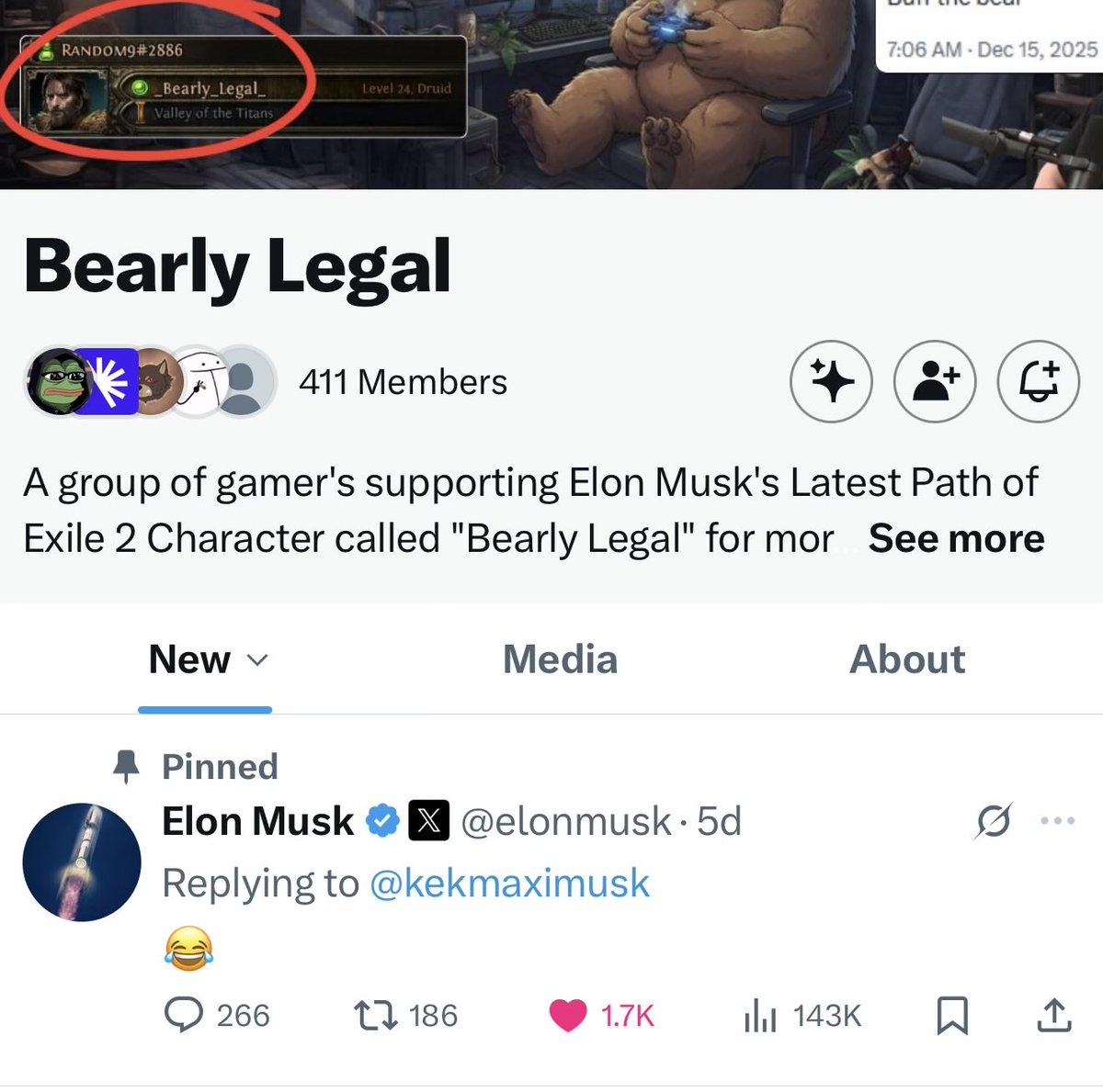 FlowOfAlpha's tweet image. Could today be the day that Elon live-streams to world with his Bearly Legal account on @pathofexile?

Elon even replied inside the @BearlyLegalETH X Com crypto channel.

This is the first time he has ever done this. Also $BEAR won’t die unlike $KEKIUS due to playing normal mode.