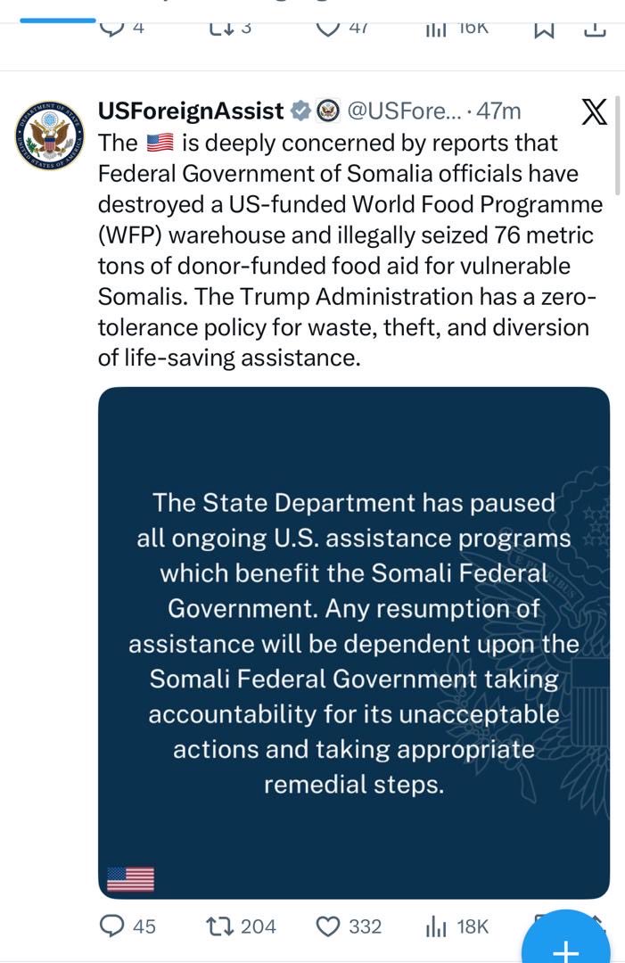 Look closely at these two X posts. The United States ended its support and strategic interest in Somalia over a year ago and even withdrew its ambassador from Somalia. Now it is attempting to export the same deliberate insults it directs at Somalis in America to Somalis inside