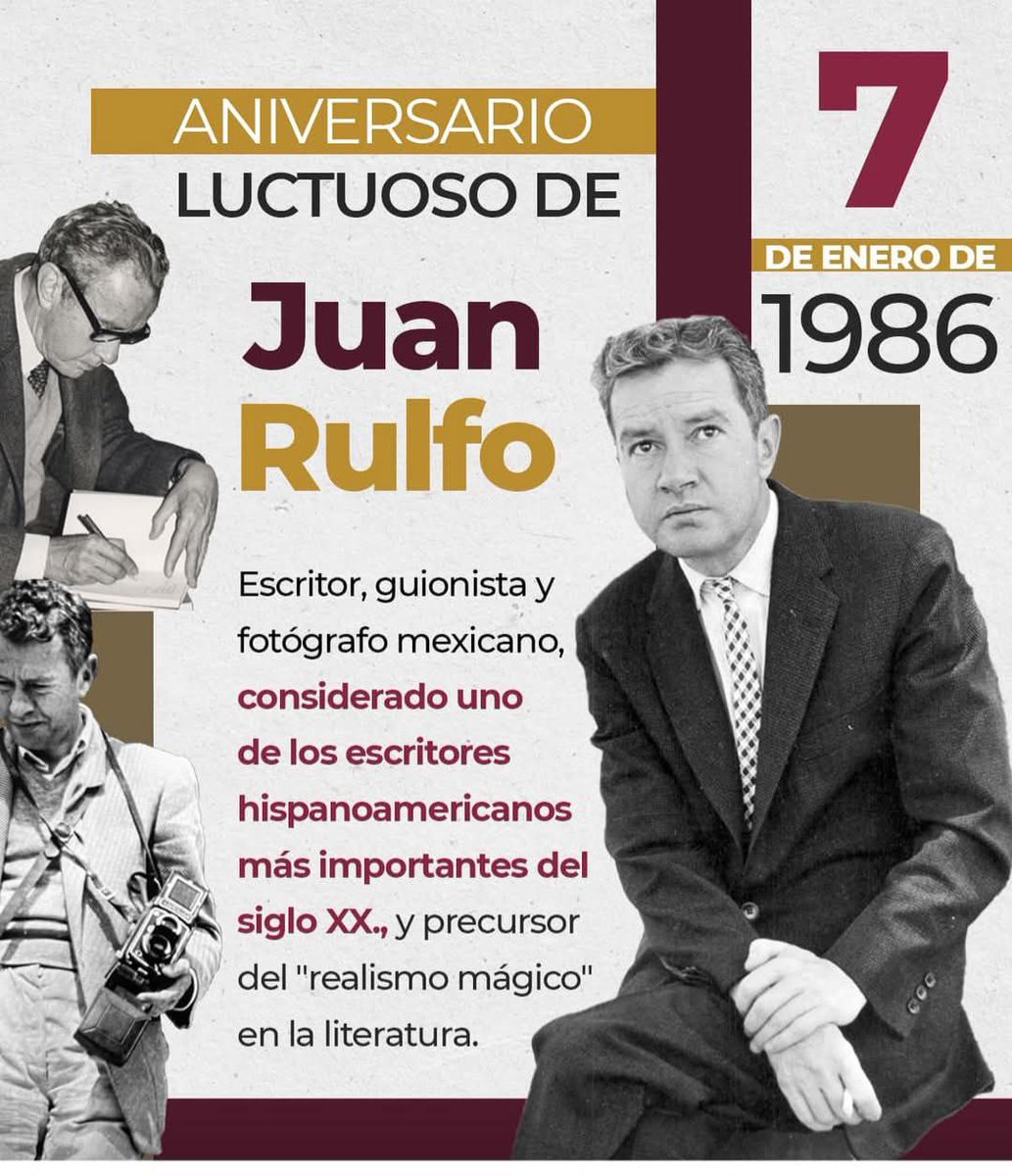 efemeridestoday's tweet photo. #UnDíaComoHoy #7enero de 1986: Falleció en Ciudad de México, México, Juan Nepomuceno Carlos Pérez Rulfo Vizcaíno (Juan Rulfo)(68 años), fue escritor, guionista y fotógrafo mexicano. 
Autor de las novelas: "Pedro Páramo" (1955) y "El llano en llamas" (1953) entre otras. 
🇲🇽📖 https://t.co/HLB2cFK4gv