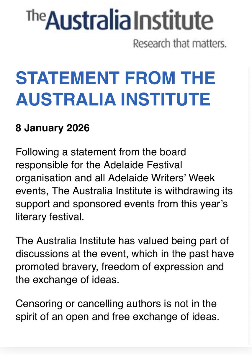 On the back of of Dr Abdel Fattah’s muzzling, the .<a href="/TheAusInstitute/">Australia Institute</a> is pulling out of the Adelaide Fest with more writers expected to follow suit. A previous attempt censoring the same author at Bendigo Writers Fest in 2025 backfired with dozens of participants boycotting #auspol