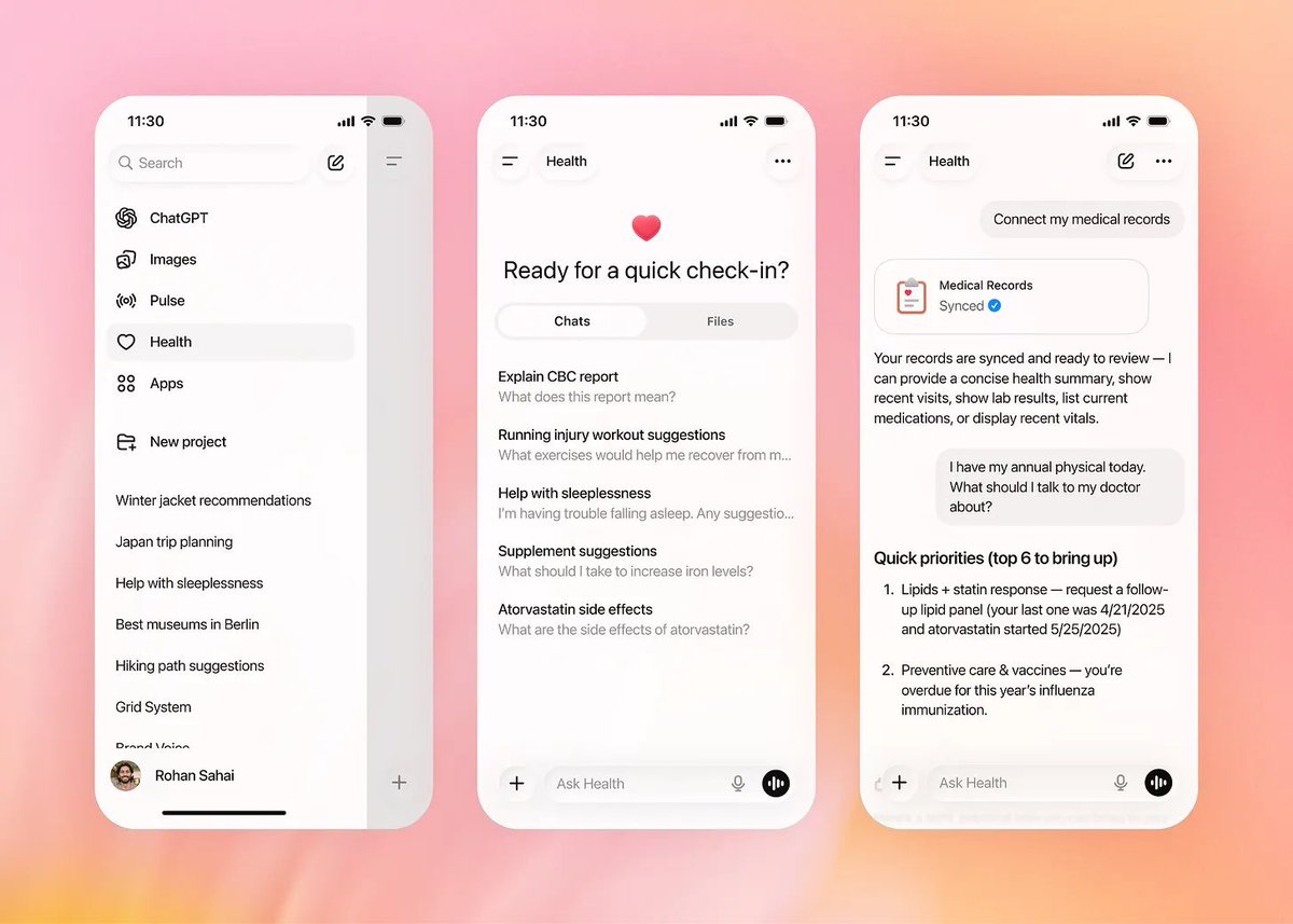 OpenAI just dropped ChatGPT Health. 

It blends AI smarts with your personal health data for smarter wellness insights. Securely link medical records, Apple Health, or apps like MyFitnessPal to receive tailored advice on diets, workouts, or even insurance trade-offs, all in a