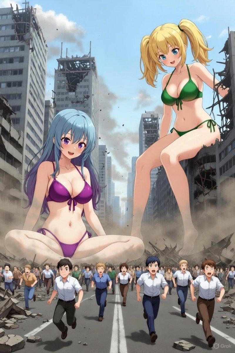 SAZARUSAN's tweet photo. 愉快そうな2人と、逃げ回る人間。　#giantess 巨大娘 https://t.co/a2Npi6NDil