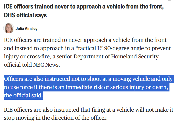 fash_busters's tweet image. 1) The killer ignored ICE's own tactical procedures and put himself IN FRONT of the victim's car. 

2) She was ORDERED to drive away by an ICE officer. 

3) The first shot was fired AFTER the killer moved to the left of her vehicle as it pulled past him.
mprnews.org/story/2026/01/…