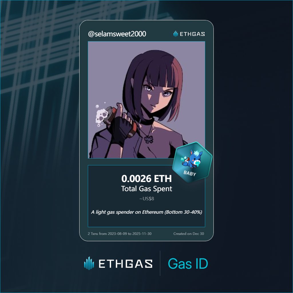 selamsweet2000's tweet photo. Leveled up in the Great Gas Reckoning with ETHGas! 💪

Baby Jack status: 0.0026 ETH gas spent, 1 Beans earned—supporting the Gasless Future!

Claim your Gas ID at https://t.co/D7adlvz28A https://t.co/ykOG7FuW3x