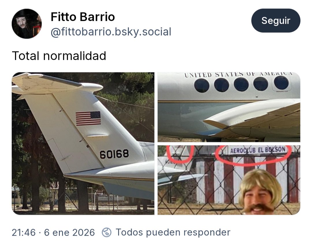 PATAGONIA 
Un vecino de la zona tomó esta foto del Aeroclub de El Bolsón en cuya pista se encontraba este avión que dicen que es de la embajada de 🇺🇸. 
Según lo que pudimos averiguar el avión matrícula 60I68 es un Beechraft B-200 "Hurón" pertenecería a la Fuerza Aérea de 🇺🇸 o a