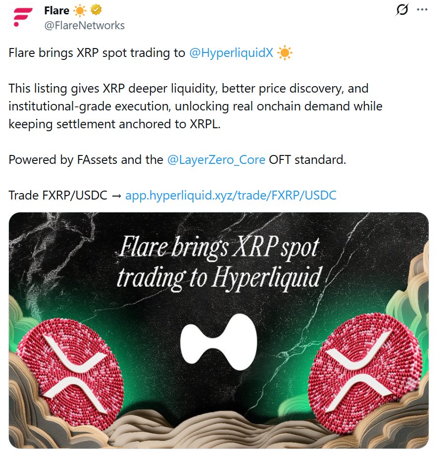 FXRP Goes Live on Hyperliquid Spot @FlareNetworks has launched FXRP spot  trading on @HyperliquidX, debuting with an FXRP/USDC pair — marking the  first XRP spot market on Hyperliquid. Powered by Flare FAssets