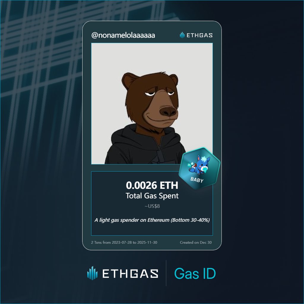 Leveled up in the Great Gas Reckoning with ETHGas! 💪

Baby Jack status: 0.0026 ETH gas spent, 1 Beans earned—supporting the Gasless Future!

Claim your Gas ID at ethgas.com/community/gas-…