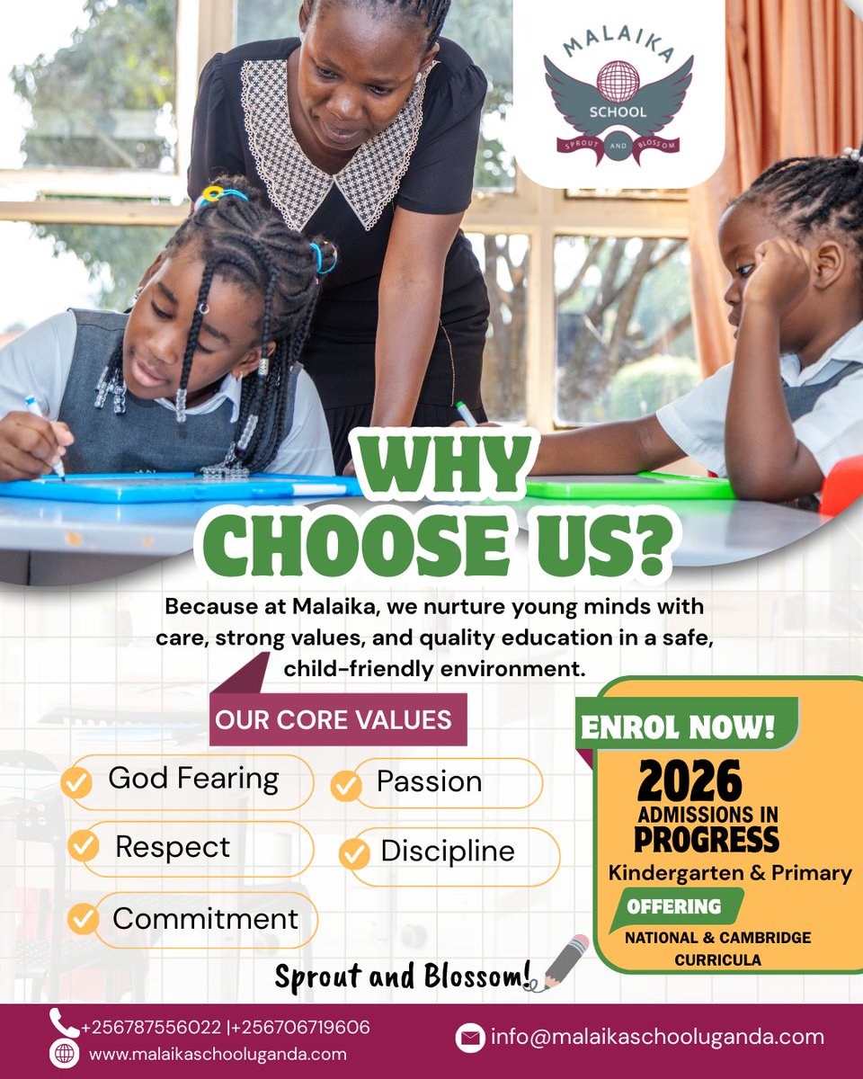 At Malaika School, we do more than teach… we nurture, guide, and inspire.
With strong values, caring teachers, and quality education, your child is set to sprout and blossom.

📷 2026 Admissions in Progress | Kindergarten &amp; Primary

Enroll Today!
 +256 787 556 022