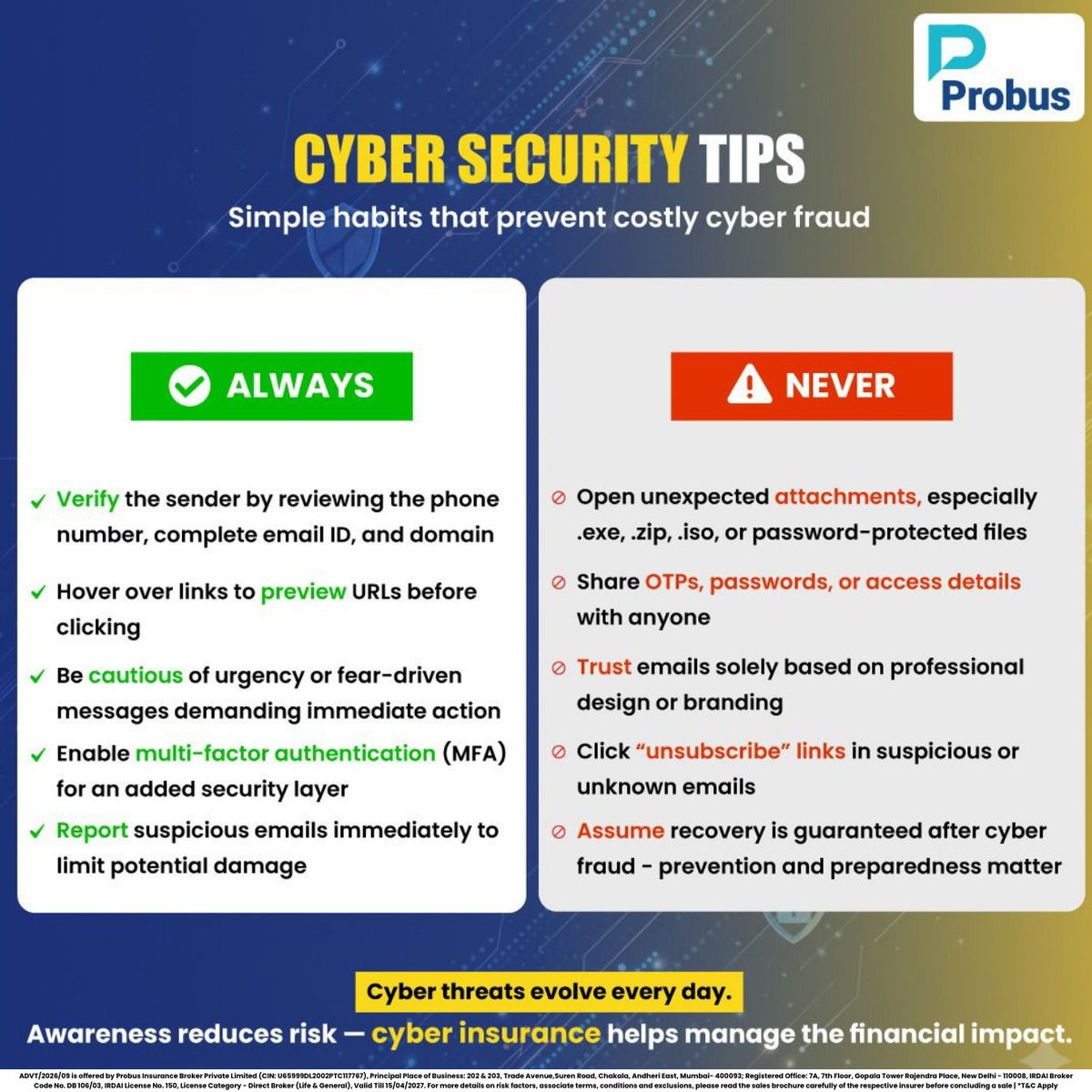 ProbusInsurance's tweet image. In a world where one click can trigger financial chaos, digital awareness is the first line of defence and Cyber insurance is the safety net when things still go wrong. 🎯✅

#CyberSecurity #withprobus
