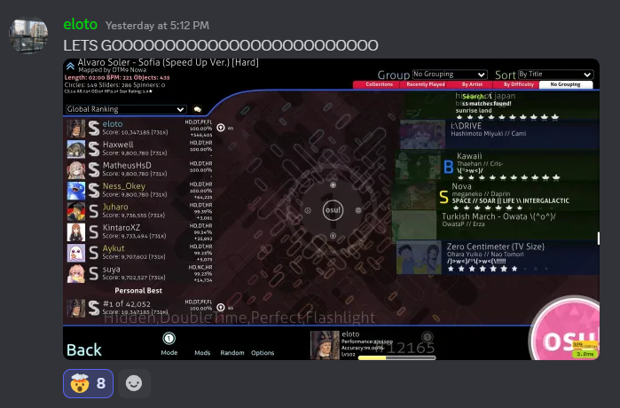 TheShadowxdd's tweet image. After 2 and half years, Daprin (eloto) sniped the very last snipeable Haxwell #1, all remaining #1 are capped.

Tho if anyone cares you can snipe all his capped (and non capped that becomes #1) scores on lazer.