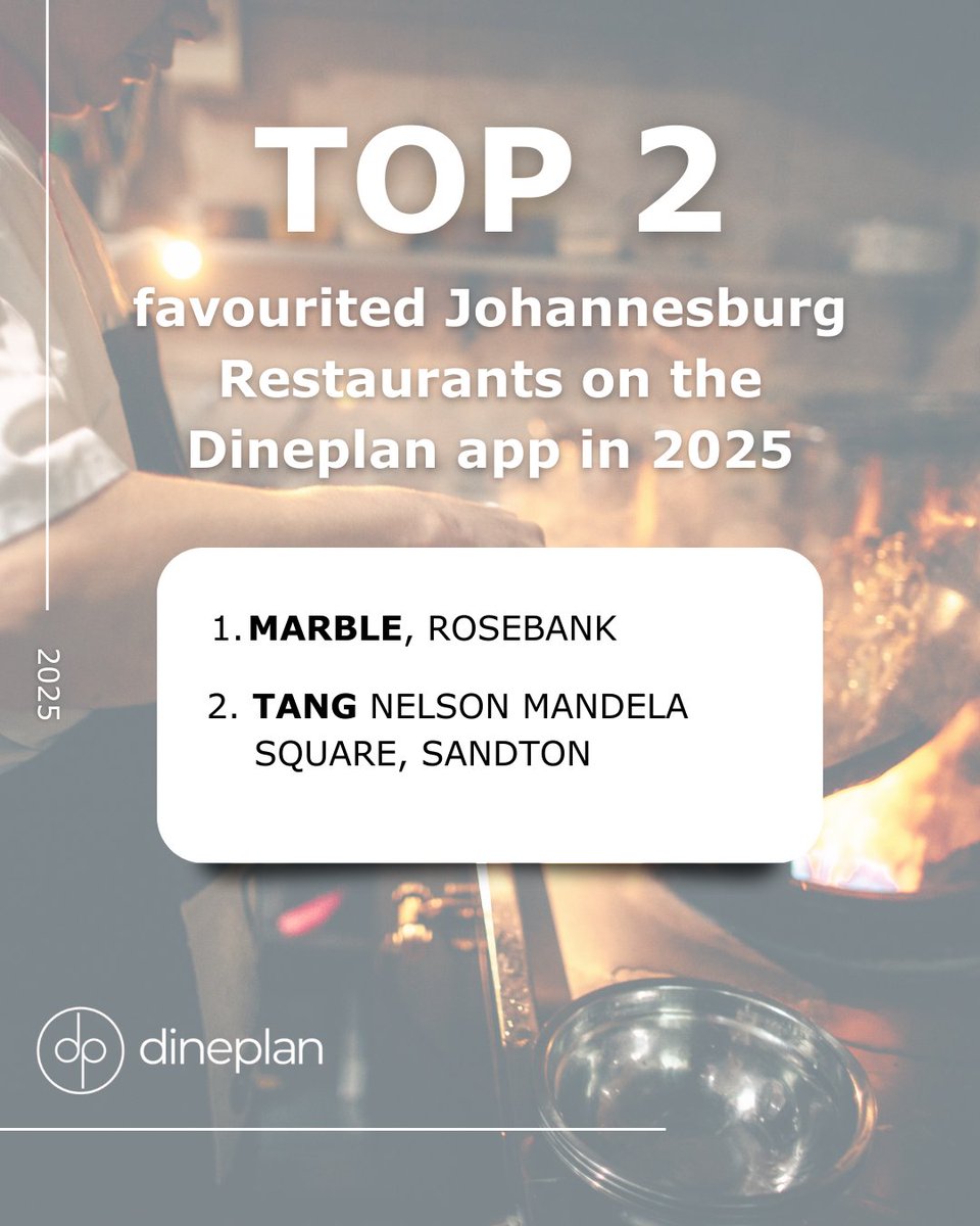 While Cape Town may be stealing the culinary crown, Jozi is holding its own with two iconic favourites making the Top 2 list on the Dineplan app: Marble &amp; TANG – Nelson Mandela Square. 

bit.ly/4r1Hx6j

#Dineplan2025 #TopJoziRestaurants #MarbleRosebank #FoodieFavourites