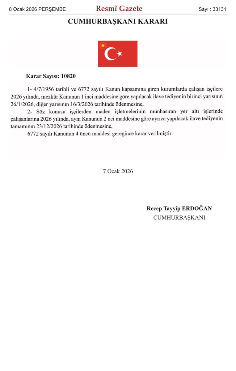 6772 sayılı kanun kapsamına giren kurumlarda çalışan işçiler için İlave Tediye ödeme tarihleri resmi gazetede yayınlandı.

Buna göre, ilave tediyenin 1. yarısı 26 Ocak 2026; diğer yarısı ise 16 Mart 2026 tarihinde ödenecek.

👇👇👇