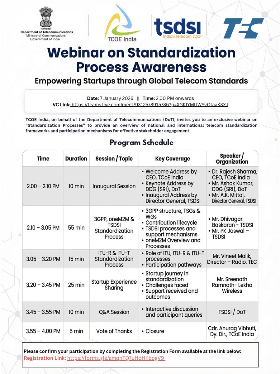TCOEINDIA's tweet photo. 🎉 Webinar Successfully Concluded

TCOE India, on behalf of @DoT_India , successfully hosted a webinar on Standardization Process Awareness with experts from @DoT_India , @TEC_DoT_India , @TSDSI_India  &amp; industry.

#TCOEIndia #DoT #Standardization #Telecom #5G  #6G https://t.co/SBnDuuNyfv