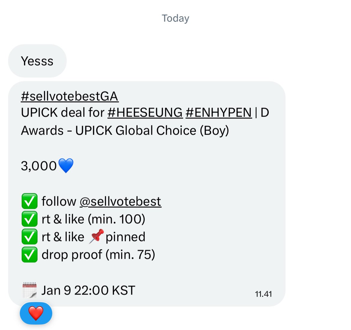 likeyouhee's tweet image. #sellvotebestGA
UPICK deal for #HEESEUNG ENHYPEN | D Awards - UPICK Global Choice (Boy)

3,000💙

✅ follow @sellvotebest  
✅ rt &amp;amp; like (min. 100)
✅ rt &amp;amp; like 📌pinned
✅ drop proof (min. 75)

🗓️ Jan 9 22:00 KST