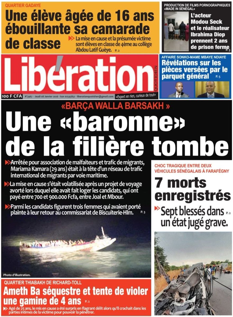 LomediaCom's tweet image. La une du journal Libération de ce jeudi 8 janvier 2026