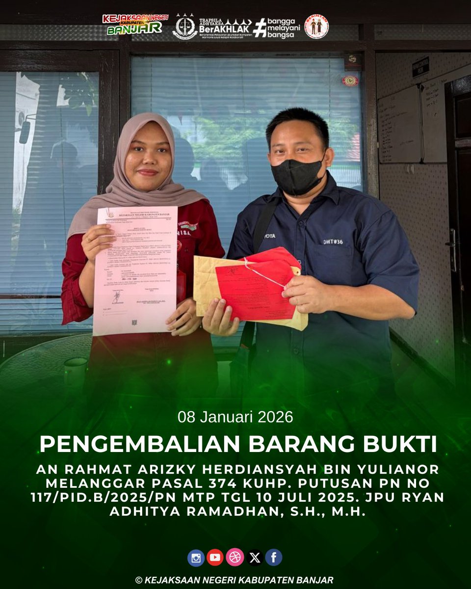 instagram.com/p/DTPUETvD657/…
Kamis, 08 Januari 2026 telah dilaksanakan Pengembalian BB an RAHMAT ARIZKY HERDIANSYAH BIN YULIANOR melanggar pasal 374 KUHP. Putusan PN no 117/Pid.B/2025/PN Mtp tgl 10 Juli 2025. JPU Ryan Adhitya Ramadhan, S.H., M.H.
<a href="/KejaksaanRI/">Kejaksaan RI</a>