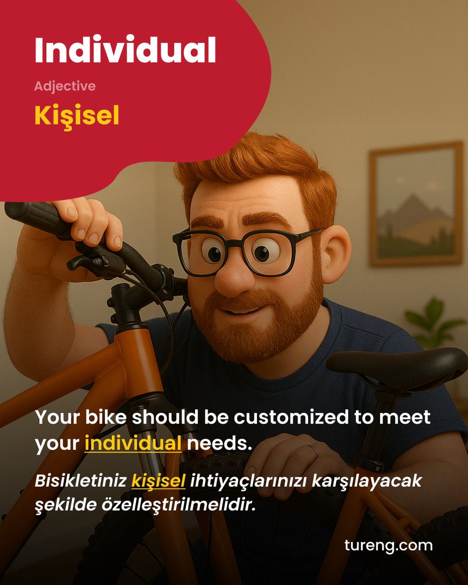Individual (adjective) = Kişisel

🇬🇧 Your bike should be customized to meet your individual needs.

#GününKelimesi #WordOfTheDay #Tureng #LearnEnglish