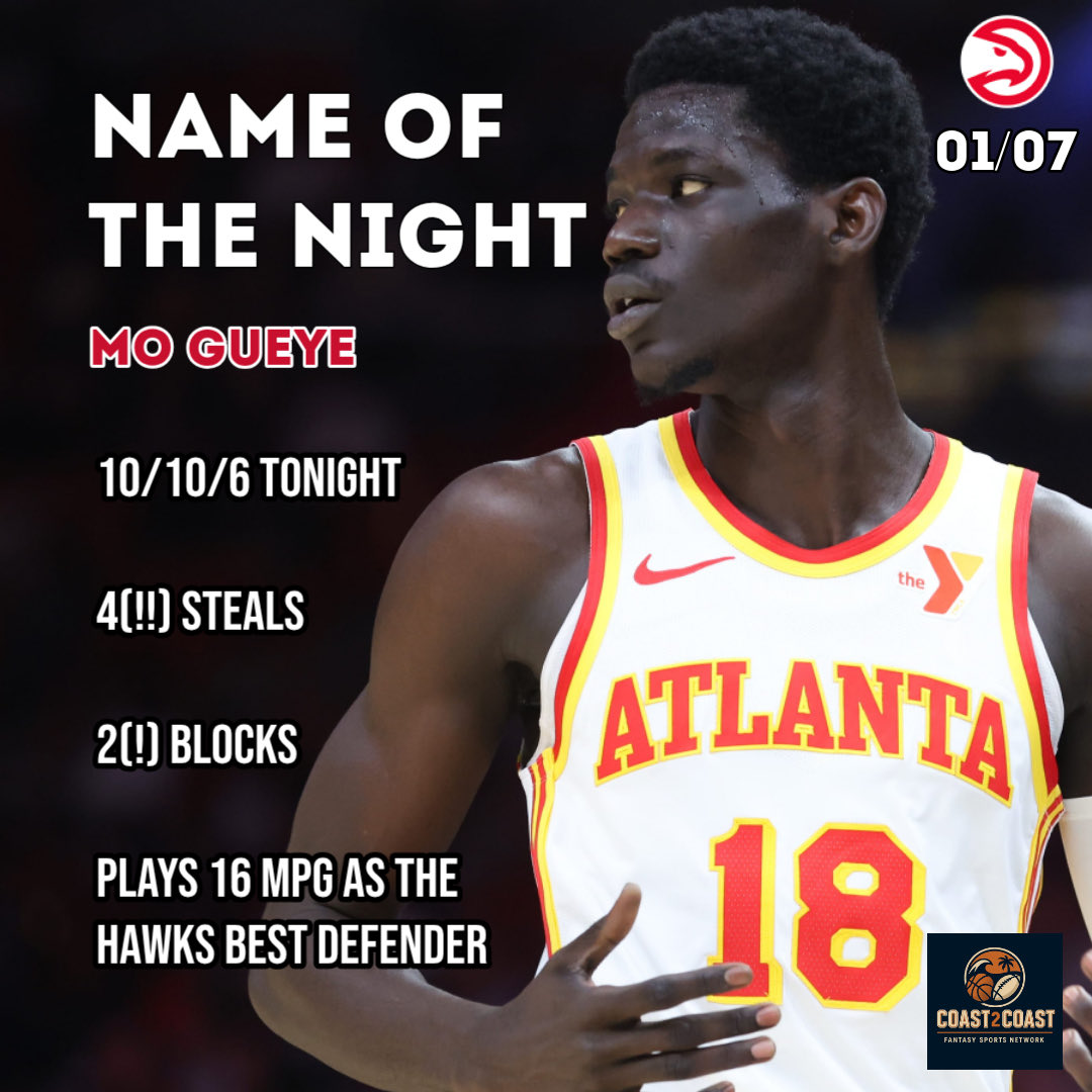 C2CFantasyNBA's tweet photo. Name of the Night 1/7 - Mo Gueye

🔥6 assists
🔥🔥2 blocks
🔥🔥🔥4 steals

🚑Started with Okongwu OUT

💎1.3 stocks per game in only 16 MPG

❌Not an add unless Okongwu misses more time, severely limited by coaching decisions in ATL

#FantasyBasketball https://t.co/PVhR1cVHSe