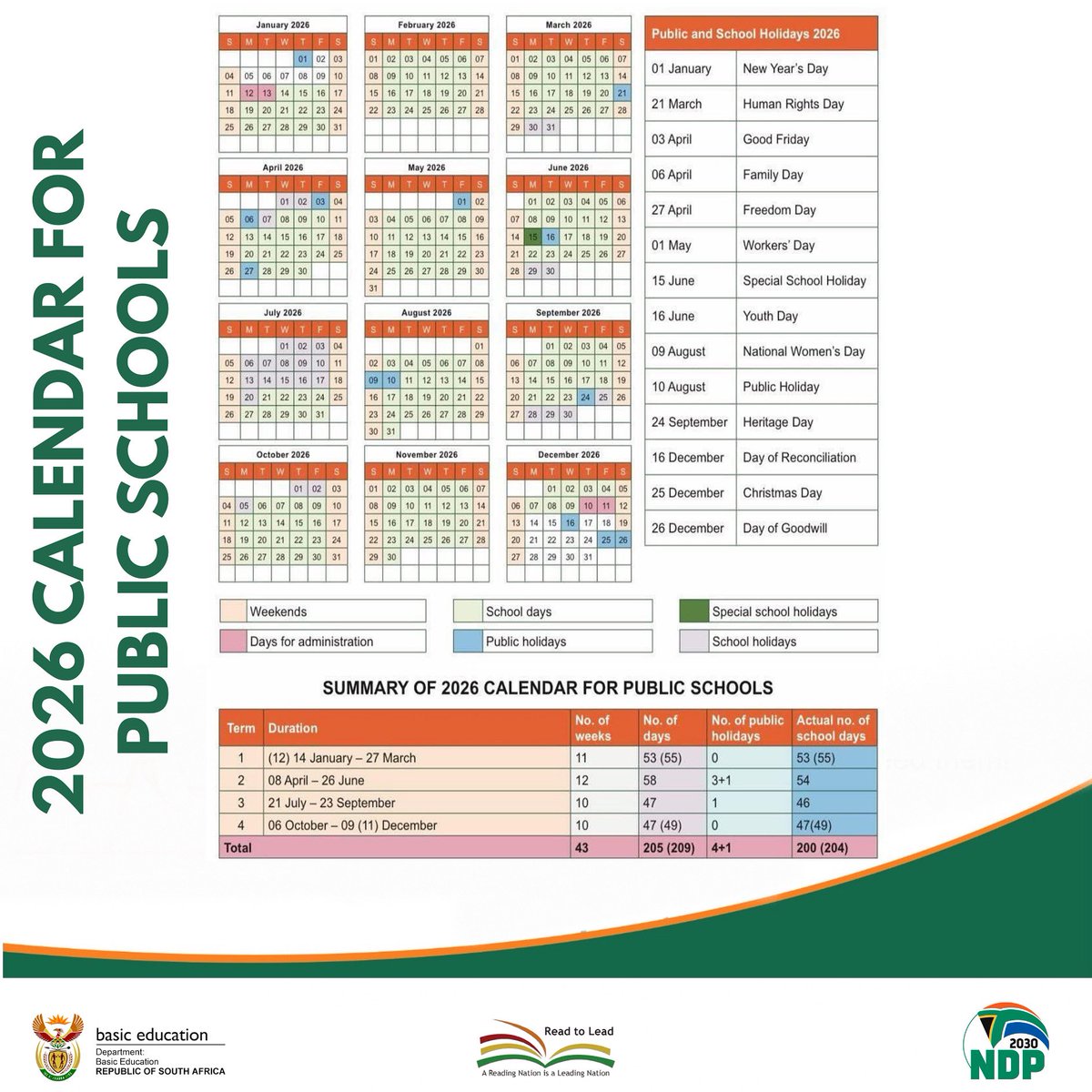 DBE_SA's tweet photo. #dbe | 2026 CALENDAR FOR PUBLIC SCHOOLS 📚

Here’s the official school calendar for the 2026 academic year!

Public schools across the country are officially open starting on Wednesday, 14 January 2026.

We can’t wait to welcome all our learners, teachers and supporting staff back to school. We wish you a fruitful academic year ahead! 

#backtoschool #govzaupdates #education #publicschool #fyp #calendar #2026