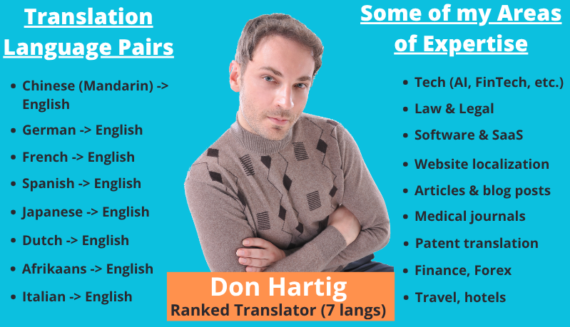 DonHartig's tweet photo. Ranked Translator in 7 languages - 19 years experience (formerly No. 3 in the world for Chinese to English) - OPEN TO WORK

https://t.co/mINU3kk5bV

#中文流利 #localisation #translator #translation #Chinese #Mandarin #German #French #Spanish #Japanese #Afrikaans #intoEnglish https://t.co/cWpGtt7aj0
