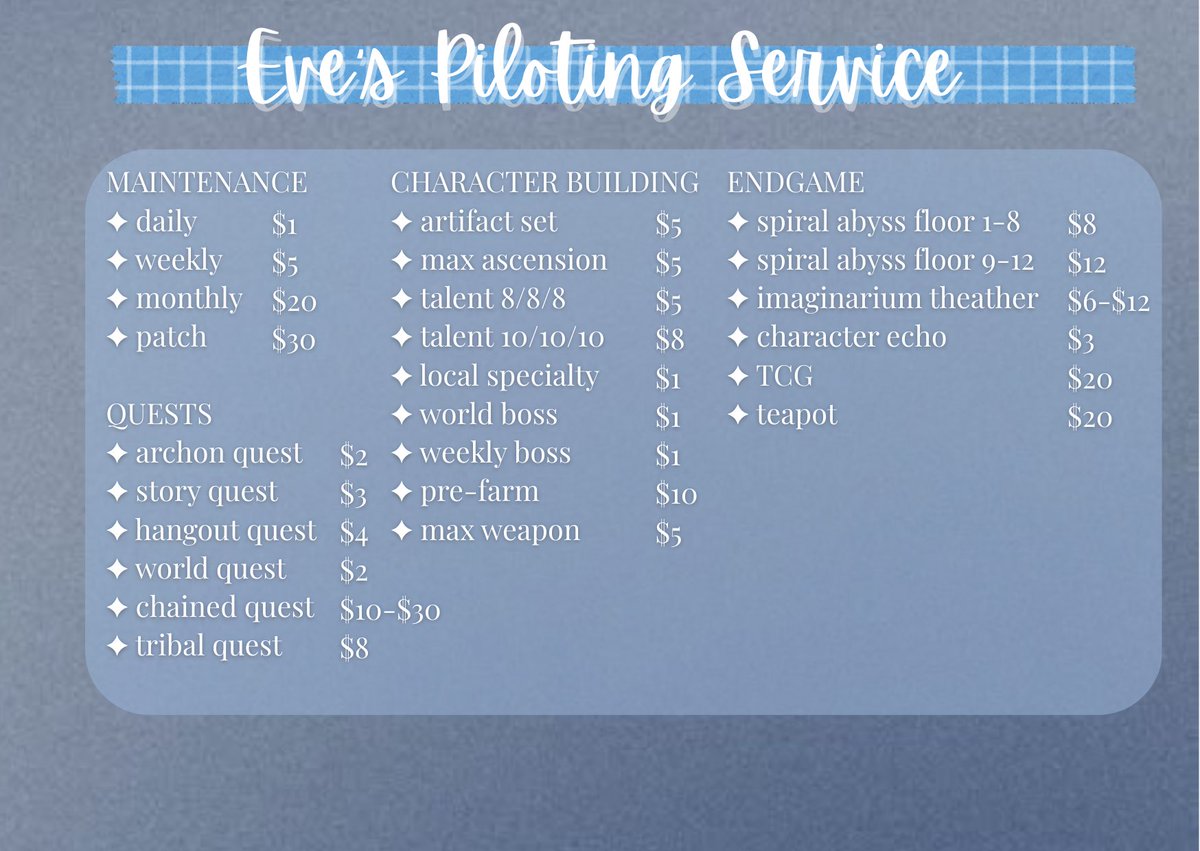 KUUBIN4's tweet image. # genshin &amp;amp; hsr piloting service !

are you busy irl but love playing genshin &amp;amp; hsr? you have found the right person!

I’m offering piloting service to help you progress in the game stress free! fast &amp;amp; reliable service — details in thread!

rts appreciated ✨
#genshintwt #hsrtwt