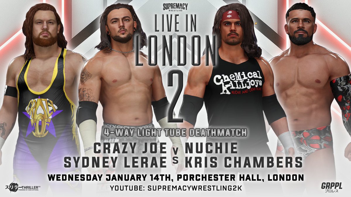KarnageSUPREM2K's tweet image. A bloodbath on a Live In London card? Why not? It is Crazy Joe vs Sydney Lerae vs Nuchie vs Kris Chambers in a 4-Way Light Tube Deathmatch. With these lot having a bunch of deathmatch experience, Who will come out as the winner of this absolute monstrosity? 🔥🔥🔥