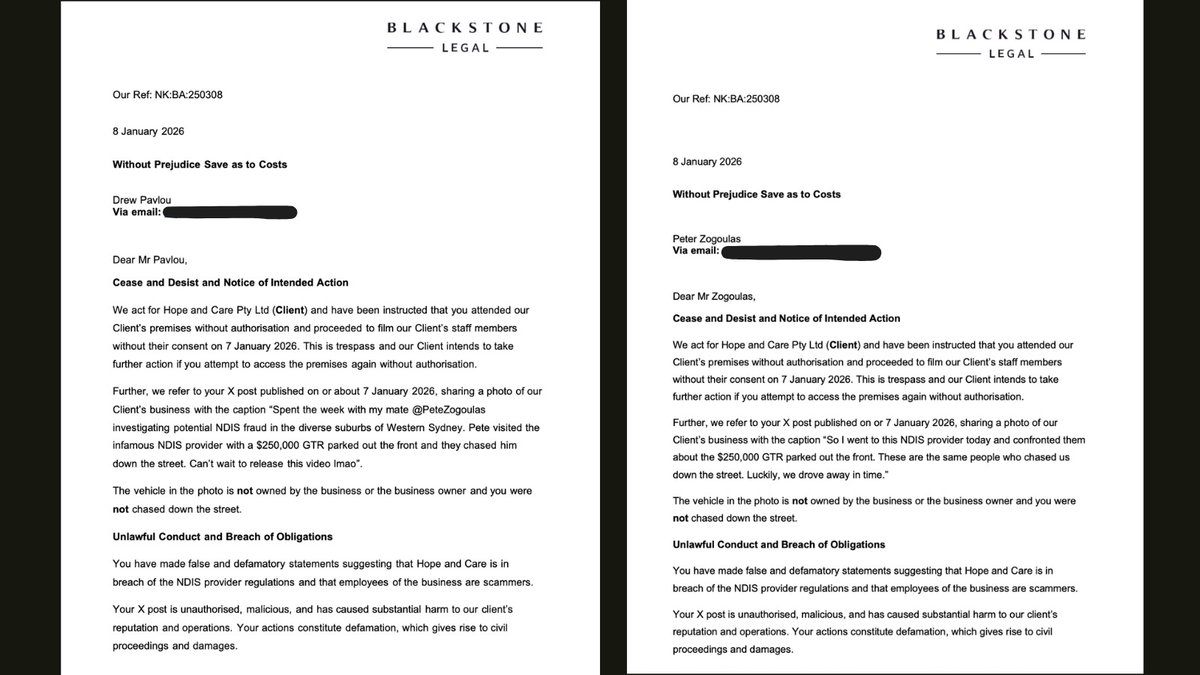PeteZogoulas's tweet image. UPDATE: @DrewPavlou and I have just received a cease and desist letter over a post I made about the $250,000 GTR parked out the front of this NDIS provider. We haven’t even released the footage yet, and they’re already coming after us for investigating.

We need your support…