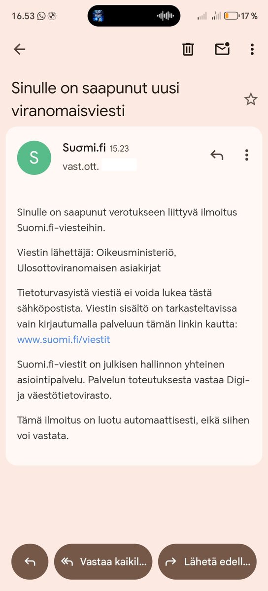 ⚠️ Uusi #SuomiFi-huijaus leviää!

Viestissä näkyvä linkki ”suomi.fi/viestit” johtaa oikeasti osoitteeseen 👉 softecommercedigi.com…

Lähettäjän nimi ”Sυσmi.fi” on huijaus – ”o” korvattu kreikkalaisella σ:lla.

🚫 Älä klikkaa. Poista ja ilmoita