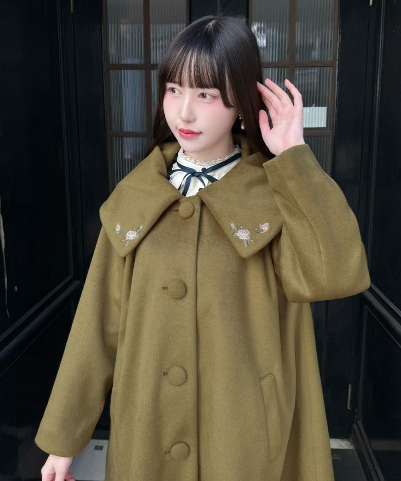 ローズ刺繍ビッグカラーオーバーコート/an another angelus