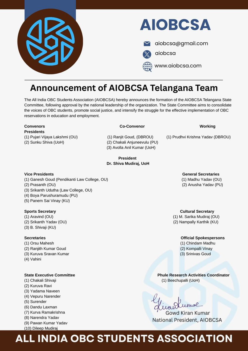 aiobcsa's tweet photo. Congratulations to all the newly elected office bearers of the AIOBCSA Telangana team.
#AIOBCSA https://t.co/9zc96FiNmI