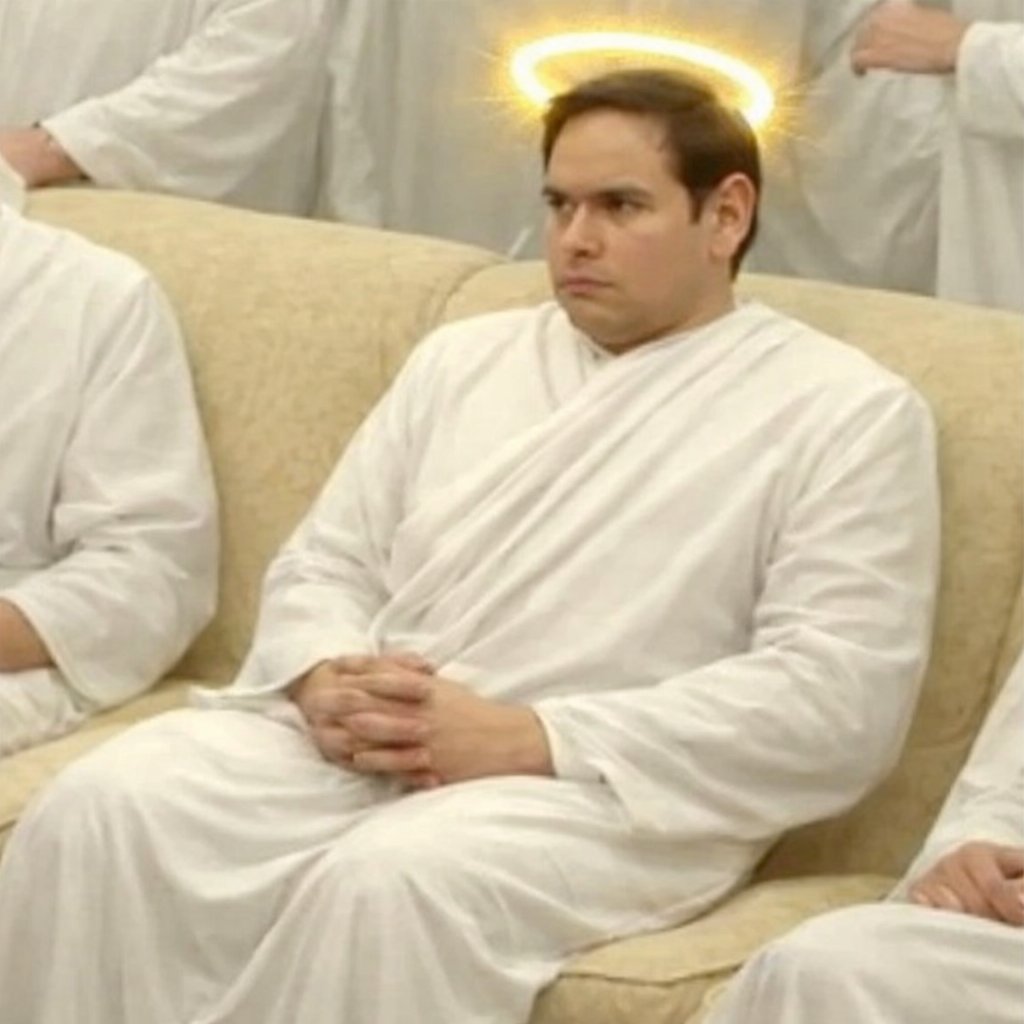 St. Marco Rubio in Heaven learning he's been named the patron saint of "Persons, Places, &amp; Things."