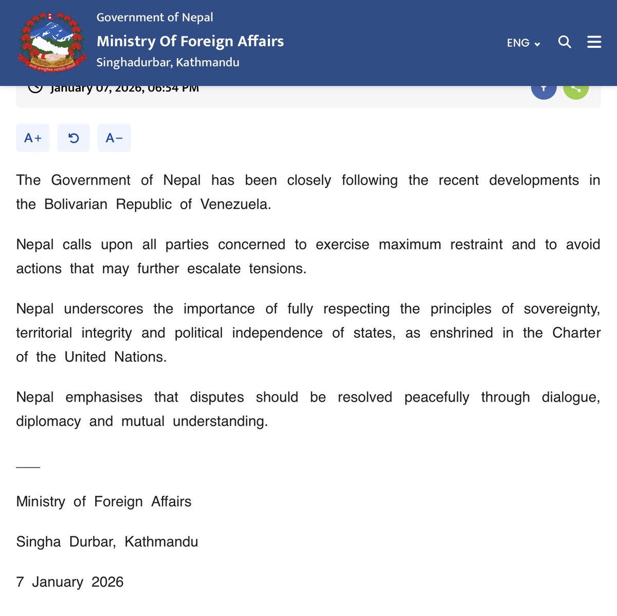 nilacharya's tweet image. भेनेजुएलामा अमेरिकी आक्रमण र राष्ट्रपति मादुरोलाई गिरफ्तार गरी अमेरिका लगिएको सन्दर्भमा नेपालको प्रेस वक्तव्य