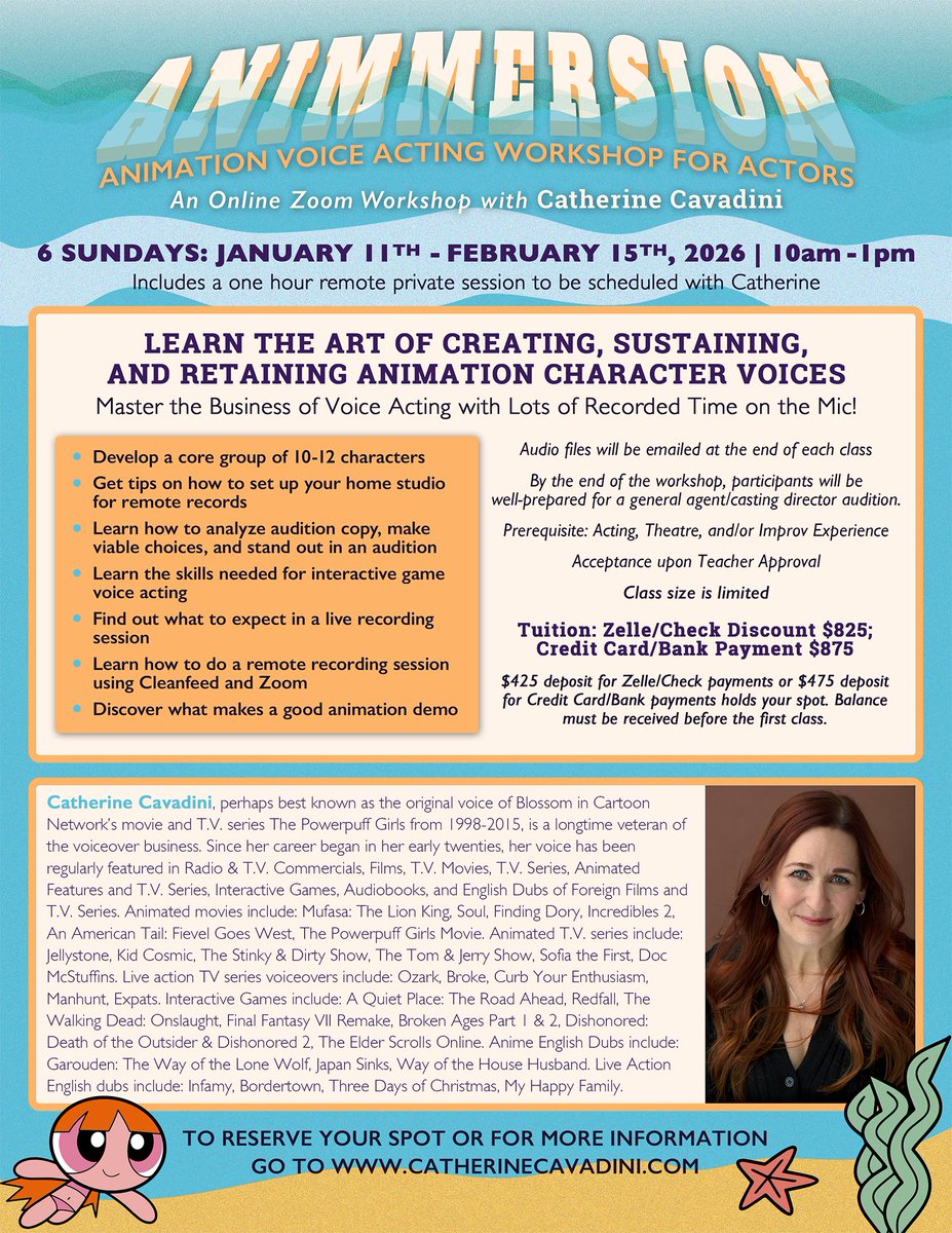 CatCavadini's tweet photo. Start 2026 with a splash! 💦
Ready to dive into your animation voice-acting goals? Join veteran voice actress Catherine Cavadini’s Animmersion: An Animation Voice Acting Workshop for Actors! Class starts this Sunday!
6 live Zoom sessions (Jan 11 – Feb 15, 2026)
Build 10–14 original characters
Includes a private 1-hour coaching session
2 spots left—jump in and make waves this year in VO! 
https://t.co/pxrkicpqiW
#VoiceActing #VO