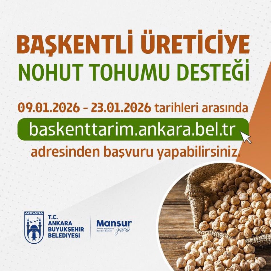 Ankara Büyükşehir Belediyesi Başkentli üreticilerin yanında olmaya devam ediyor.! <a href="/mansuryavas06/">Mansur Yavaş</a> 🇹🇷 

Nohut tohumu desteğiyle çiftçilerimizin emeğine güç katıyor.

🗓️ Başvuru Tarihleri: 9 – 23 Ocak 2026

Başvuru: 👇

baskenttarim.ankara.bel.tr