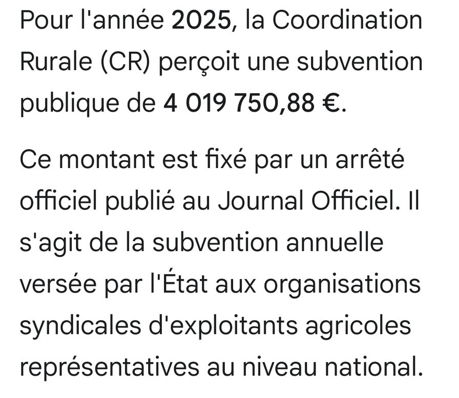 <a href="/LCI/">LCI</a> 4 millions d'euros de subventions pour la Coordination Rurale payés par les Français 
Leurs dégâts payés par les Français 
😱😱😱