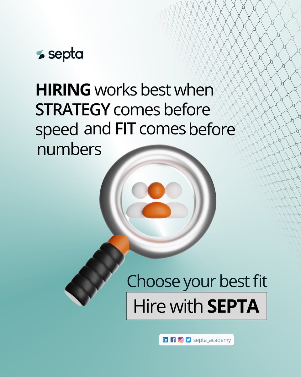 Your team defines your success. 

Hire people who align with your vision and drive results.

 Build the right team with SEPTA today.

#StrategicHiring #RightFitFirst #BuildStrongerTeams #TalentStrategy #NuNew