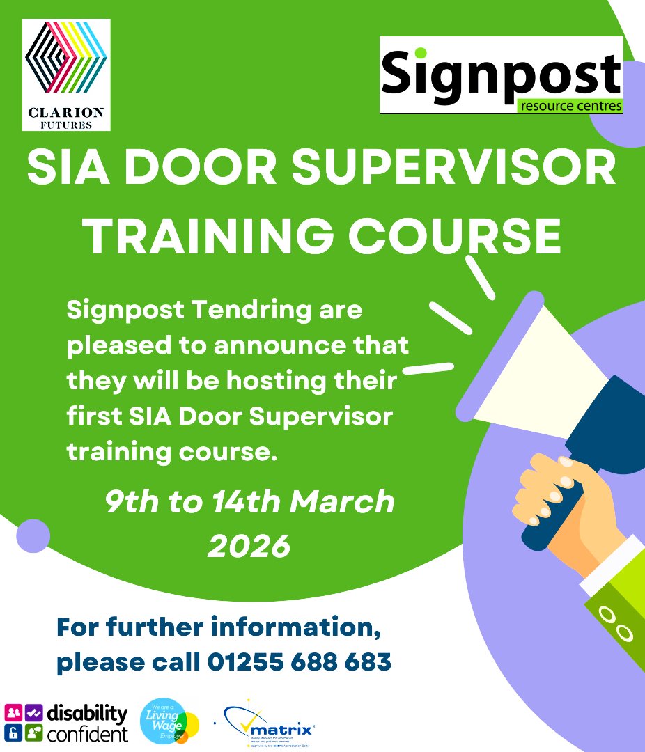 👏👏👏👏Free SIA Door Supervisor Training Course held at Signpost Tendring in Jaywick, 9th - 14th March 2026. Please call 01255 688683 for more information.