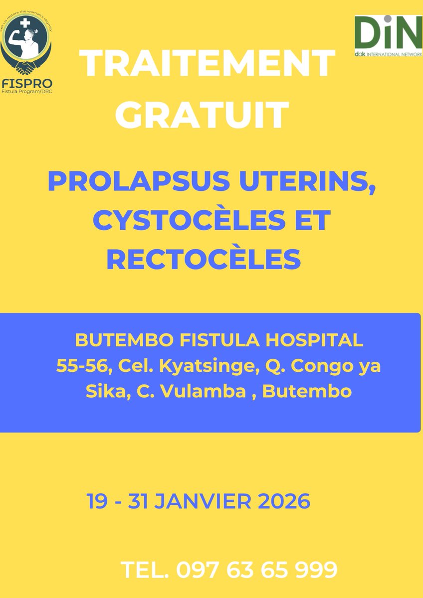 FistulaP's tweet photo. La première campagne des réparations gratuites des prolapsus des organes pelviens débute le 19 et prendra fin le 31 Janvier 2026.
Ainsi,nous lançons un appel à toutes les malades victimes de cette maladie à se présenter dans nos structures de santé pour la prise en charge https://t.co/ynOK0v0AfO