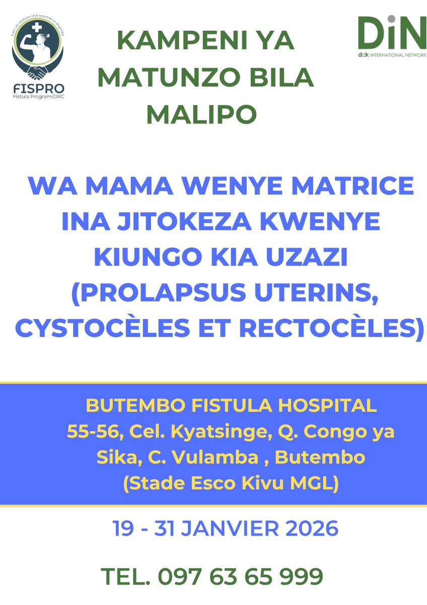 FistulaP's tweet photo. La première campagne des réparations gratuites des prolapsus des organes pelviens débute le 19 et prendra fin le 31 Janvier 2026.
Ainsi,nous lançons un appel à toutes les malades victimes de cette maladie à se présenter dans nos structures de santé pour la prise en charge https://t.co/ynOK0v0AfO