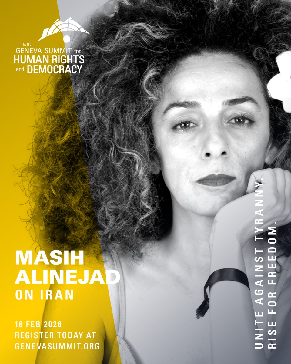 GenevaSummit's tweet image. 📣 SPEAKER ANNOUNCEMENT: @AlinejadMasih will address #GenevaSummit2026 on February 18.

Founder of #MyStealthyFreedom and #WhiteWednesdays, Alinejad has been jailed, exiled, and targeted for assassination by Iran’s regime — yet she continues her fearless fight for freedom.