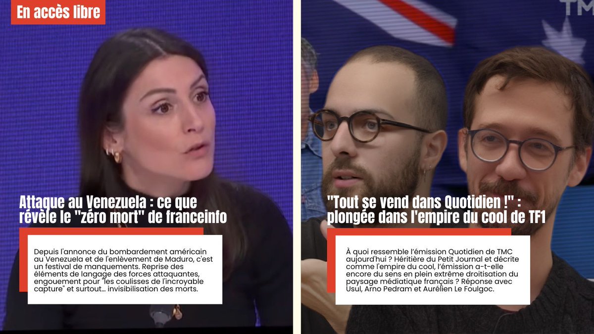 C’est jeudi, c’est gratuit !

Attaque au Venezuela : ce que révèle le « zéro mort » de franceinfo par <a href="/avriogata/">Elodie Safaris</a>  
👉 arretsurimages.net/chroniques/les…

"Tout se vend dans Quotidien !" : plongée dans l'empire du cool de TF1 par <a href="/NassiraELM/">Nassira El Moaddem</a> 
👉 arretsurimages.net/emissions/arre…
