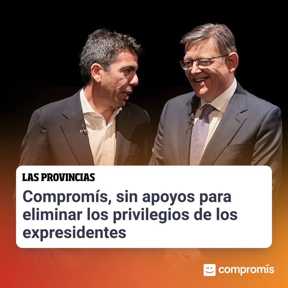 Titular alternatiu: 

"Compromís és l'únic partit valencià que treballa per eliminar la "paguita" de Mazón i que no disfrute d'una oficia a Alacant, dos assessors de forma vitalícia, xòfer i cotxe oficial" 😉