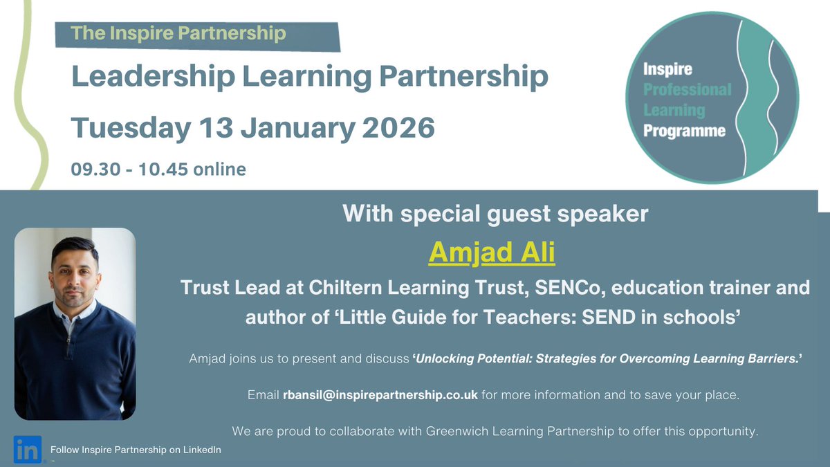 You can still sign up to join us on Tuesday 13 Jan to discuss strategies for overcoming learning barriers with guest speaker <a href="/TeachLeadAAli/">Amjad Ali</a>. Email <a href="/RupinderBansil/">Rupinder</a>   on rbansil@inspirepartnership.co.uk to join the programme. <a href="/carpenter_rob/">Rob Carpenter</a>
