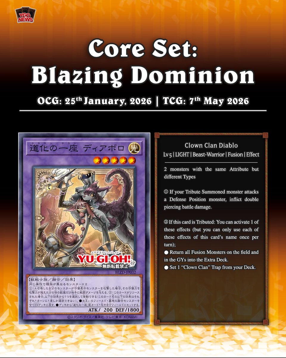 YuGiOhNewsTCG's tweet image. ❰𝗕𝗹𝗮𝘇𝗶𝗻𝗴 𝗗𝗼𝗺𝗶𝗻𝗶𝗼𝗻❱
The upcoming core set Blazing Dominion is bringing a new archetype “Clown Clan” 🤡

🟧 Clown Crew Biancaviso
🟦 Clown Clan Flare
🟪 Clown Clan Diablo
⬜️ Clown Clan Meteor

Translation: YGOrganization
#遊戯王 #YuGiOh #유희왕
