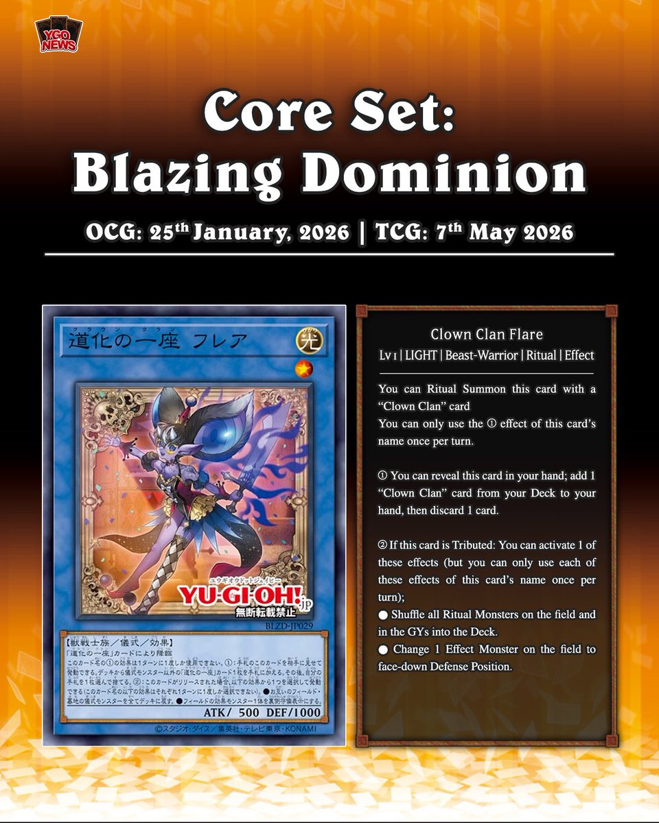 YuGiOhNewsTCG's tweet image. ❰𝗕𝗹𝗮𝘇𝗶𝗻𝗴 𝗗𝗼𝗺𝗶𝗻𝗶𝗼𝗻❱
The upcoming core set Blazing Dominion is bringing a new archetype “Clown Clan” 🤡

🟧 Clown Crew Biancaviso
🟦 Clown Clan Flare
🟪 Clown Clan Diablo
⬜️ Clown Clan Meteor

Translation: YGOrganization
#遊戯王 #YuGiOh #유희왕