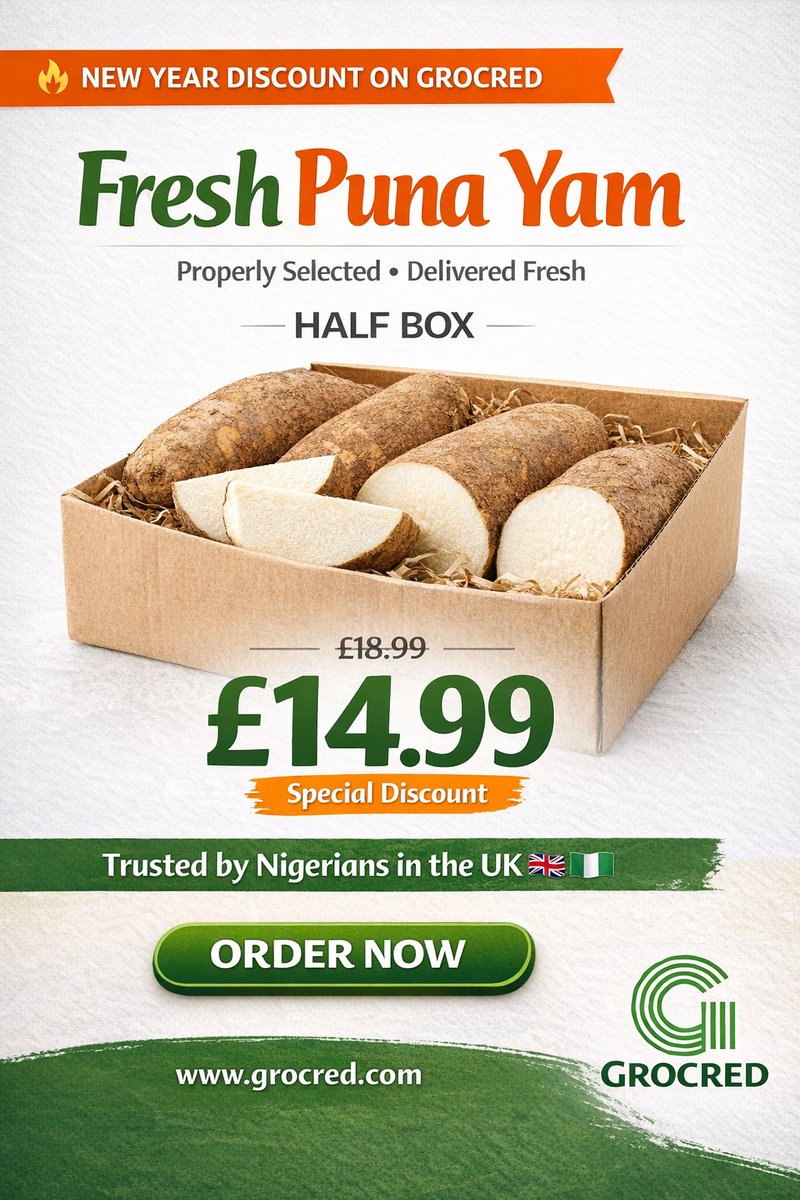 grocredltd's tweet photo. Nigerians in the UK 
Fresh Puna Yam (Half Box) now £14.99 
Properly  selected. Delivered fresh 
New Year discount on GroCred 
Limited stock
👉Order now link in bio https://t.co/y6DeV7ru3Z