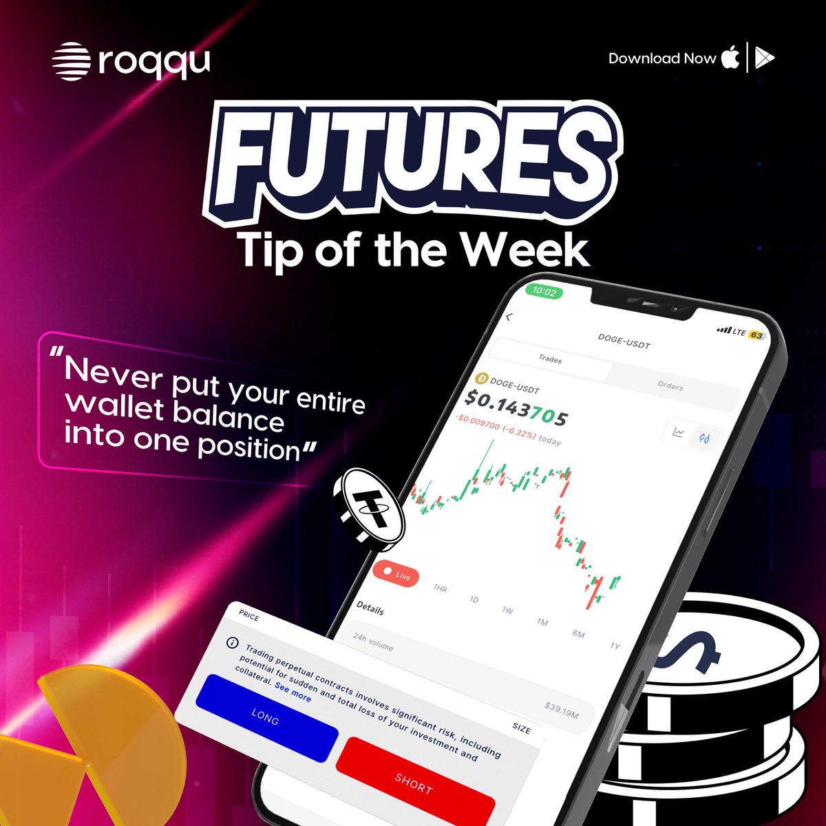 roqqupay's tweet image. Trading perpetual contracts involves significant risk.

Have a strategy for your investment – don't put your entire wallet balance into one position.

#Contracts #Futures #TradeFuturesOnRoqqu