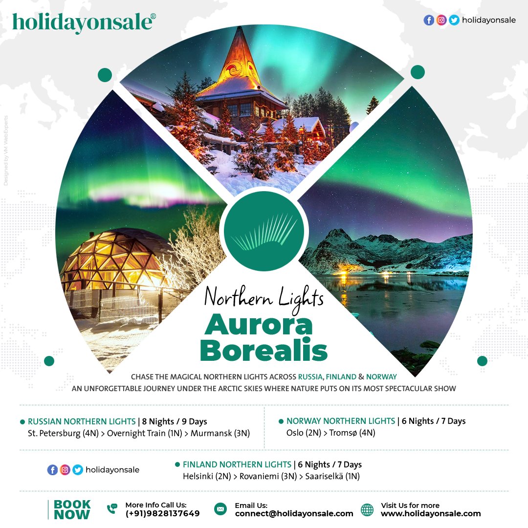 holidayonsale's tweet photo. Chase the magical Northern Lights across Russia, Finland &amp; Norway
Book your holiday now! Call or WhatsApp at 09828137649
Email: connect@holidayonsale.com | Visit: https://t.co/AKR93u7L6g
#NorthernLights #AuroraBorealis #holidayonsale #travel #HolidayPackages https://t.co/wvmwy7e1uK