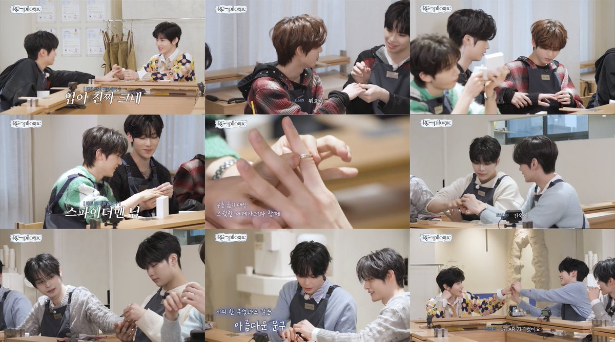 sunlightshb's tweet image. zb1 friendship ring inscription messages to each other 🥺

🐼➡️🐤: 입이 지짜 크네 (your mouth is really big, wow) 
🐤➡️🐰: Rabbit
🐰➡️🐱: I LOVE U 
🐱➡️🦊: 스파이더맨 님 (spiderman-nim)
🦊➡️🦌: to the 9 
🦌➡️🐻: Gunuki
🐻➡️🦋: 십이월의 선물 (a gift for december)
🦋➡️🐹: 꽃이 피듯…